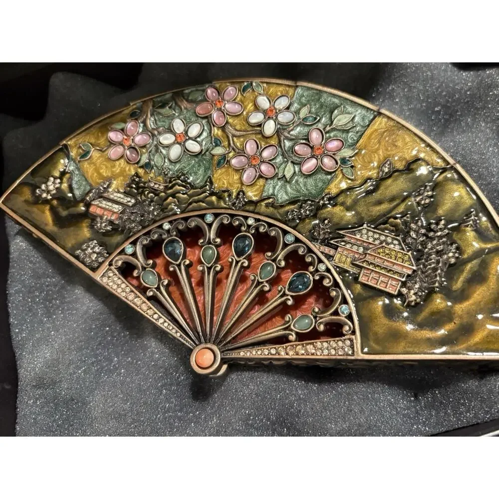 Jay Strongwater Fan Philomena Trinket Box Enameled & Jeweled Chinese Oriental - Picture 4 of 13
